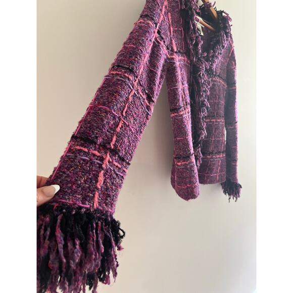 Susan Bristol Afghan Cardigan Jacket Purple Pink Plaid w Fringe Collar Small JL - Picture 2 of 8